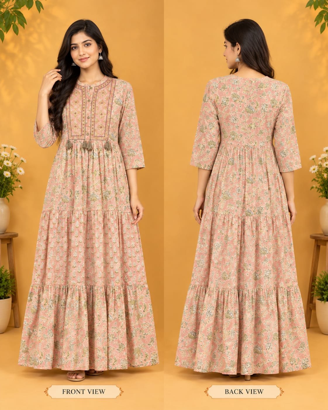 The Kurti Shop Peach Pink Floral Printed Pure Cotton Tiered Anarkali Kurti view 3