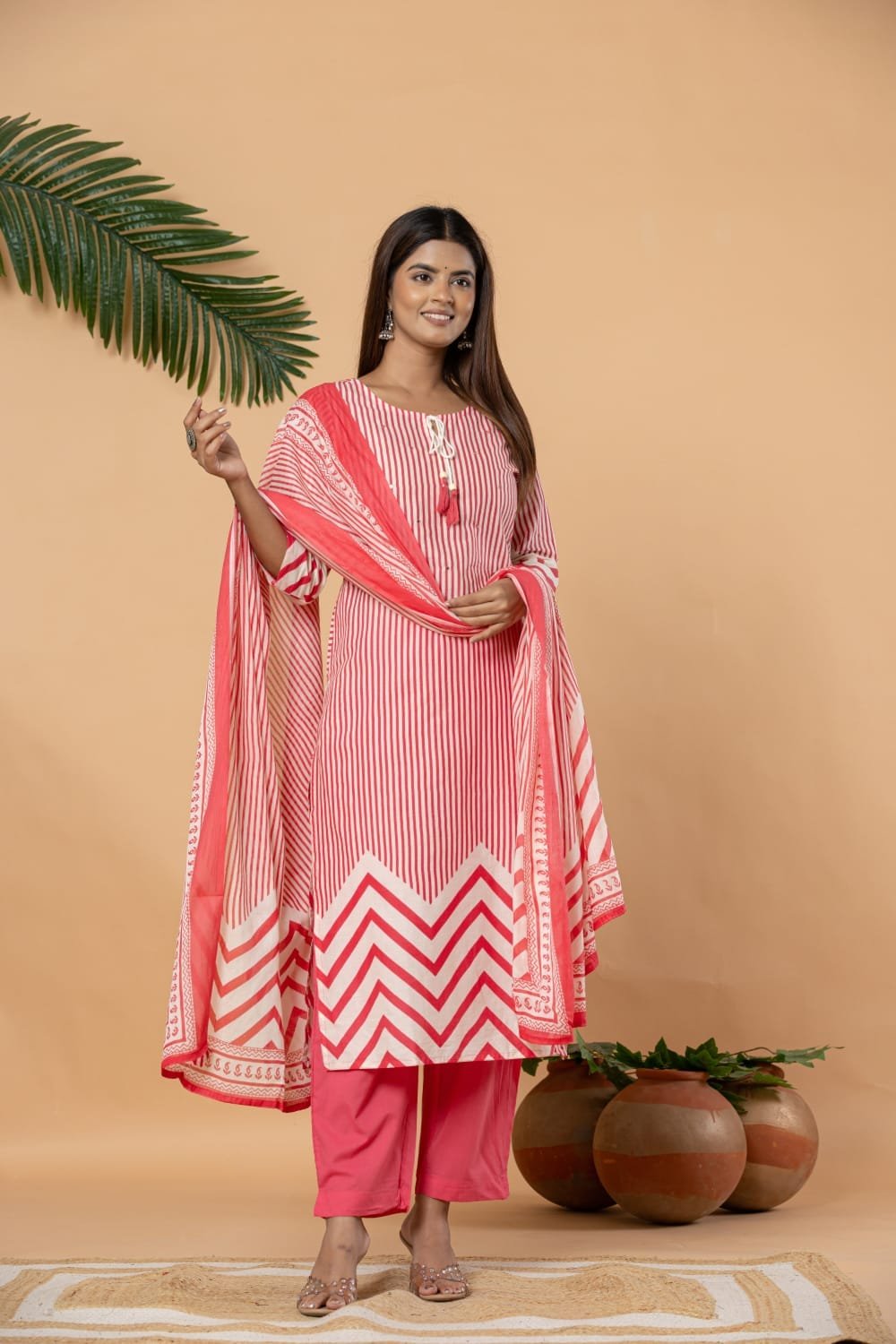 The Kurti Shop Women's Cotton Straight Line Kurti with Elasticated Pant & Dupatta Set for Office, Party & Festive Wear