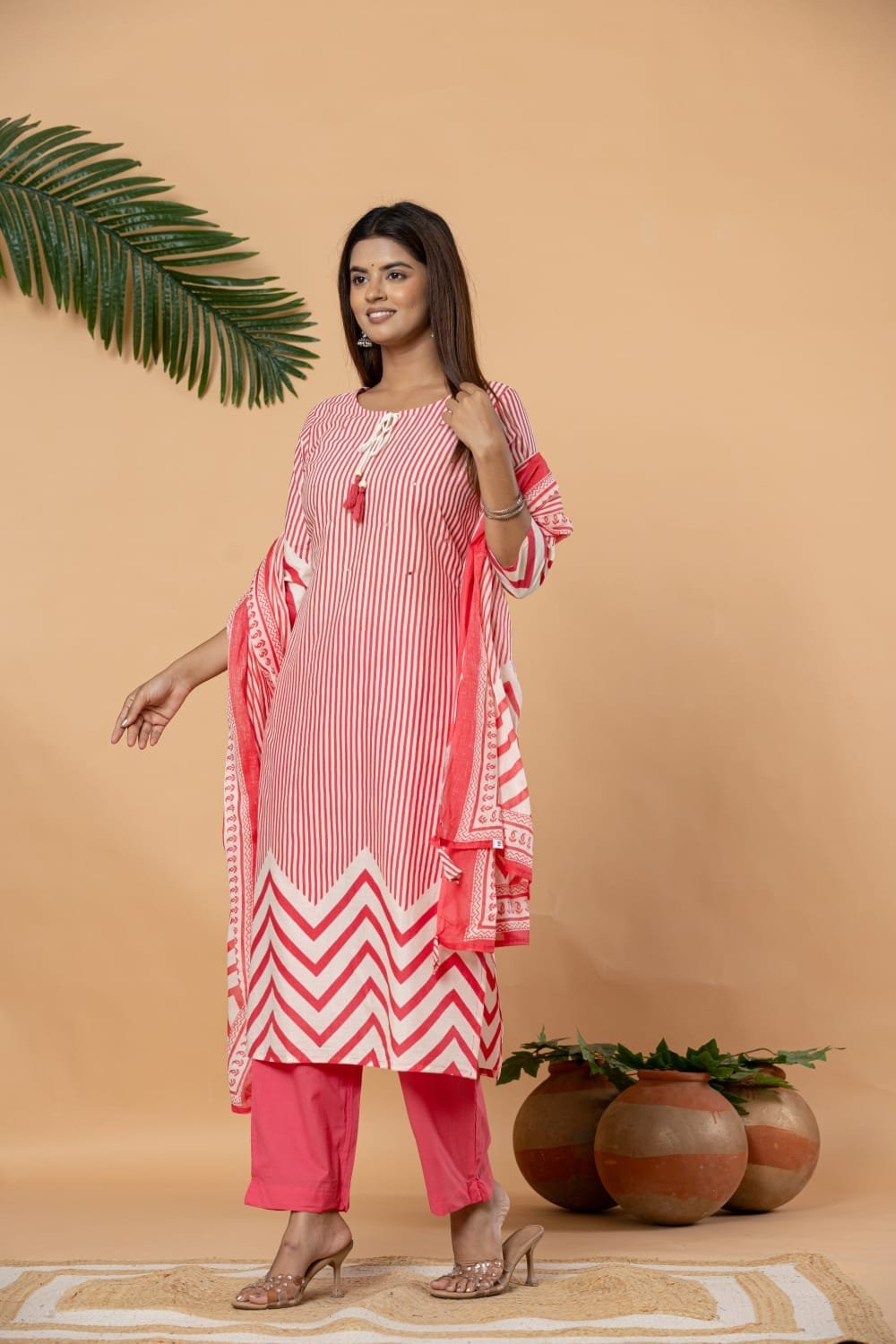 The Kurti Shop Women's Cotton Straight Line Kurti with Elasticated Pant & Dupatta Set for Office, Party & Festive Wear view 2