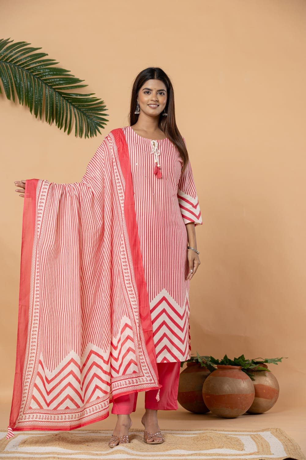 The Kurti Shop Women's Cotton Straight Line Kurti with Elasticated Pant & Dupatta Set for Office, Party & Festive Wear view 6