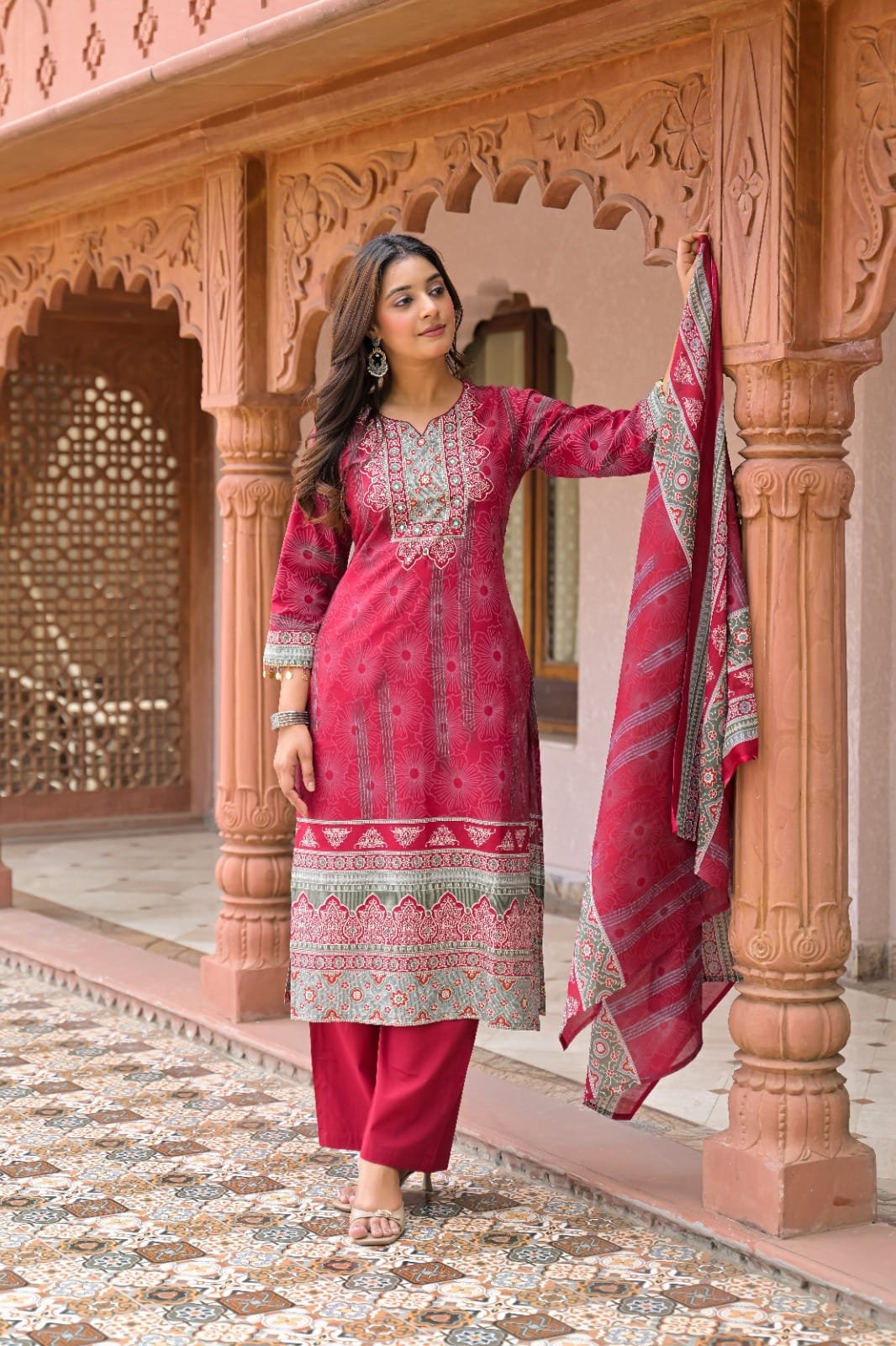 Women Premium Cotton Ethnic Printed Straight Kurta Set with Pants and Dupatta | The Kurti Shop view 5