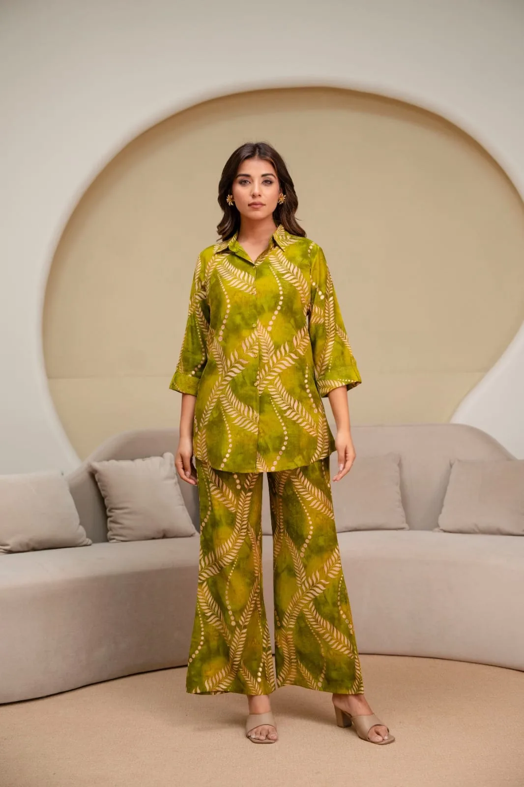 Women's Pure Cotton Leaf Printed Shirt Collar Kurti with Matching Trouser Pant Co-Ord Set