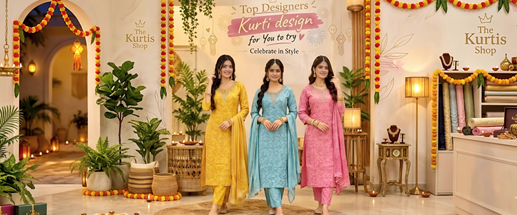 Three women modeling traditional Indian kurta sets in yellow, light blue, and pink, standing in a decorated boutique showroom with plants, lamps, and signage for 'The Kurtis Shop'.