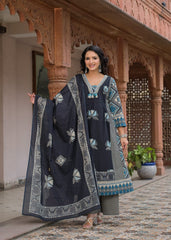 The Khurtis Shop Women Indigo Navy Blue Printed Anarkali Kurta with Trousers & Dupatta Set