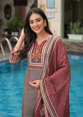 The Khurtis Shop Women Maroon & Grey Geometric Printed Straight Kurta with Trousers & Dupatta Set | Cotton Blend Kurta Set for Women