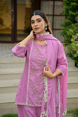 The Khurtis Shop Women Lavish Lavender Embroidered Cotton Kurta with Dupatta Set