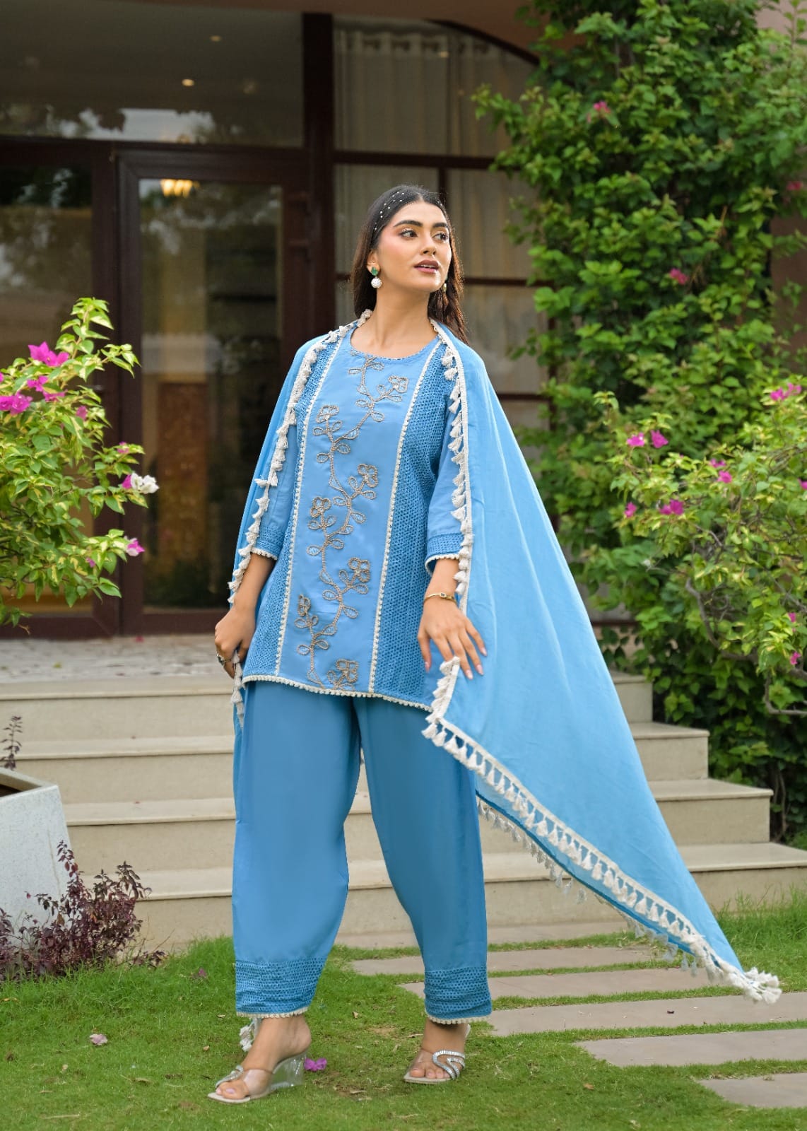 The Khurtis Shop Women Embroidered Cotton Straight Kurta with Trousers & Dupatta 3-Piece