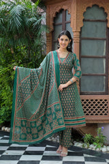 The Kurti Shop Women's Traditional Patterned A-Line Kurta with Pants and Dupatta (3-Piece Set)