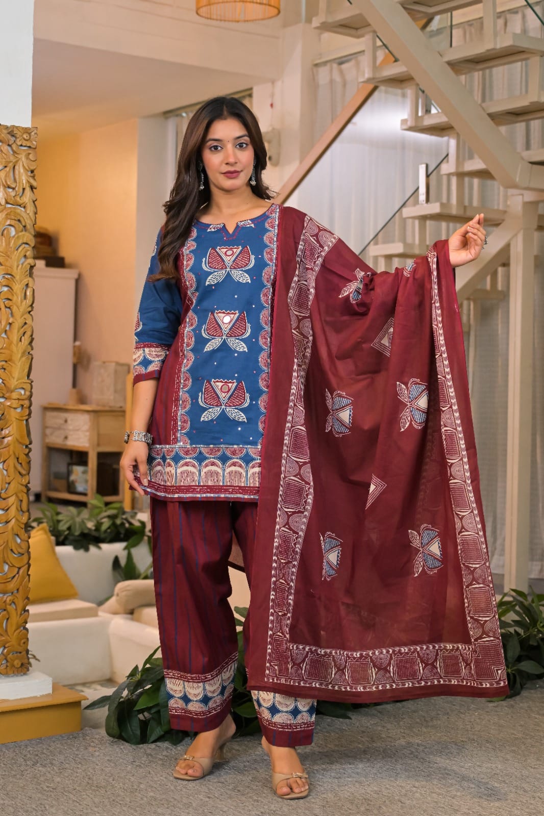 the khurti shop printed cotton 3 piece kurti suit set for women