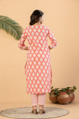 Stylish v neck cotton kurta with lace embroidery and matching trousers for women