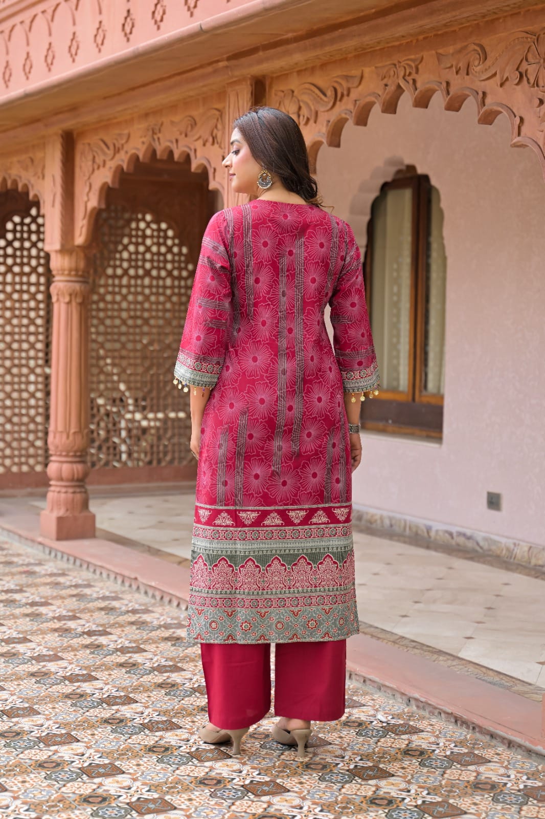 Intricate neck embroidered cotton straight kurta pant set with matching dupatta
