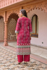 Intricate neck embroidered cotton straight kurta pant set with matching dupatta