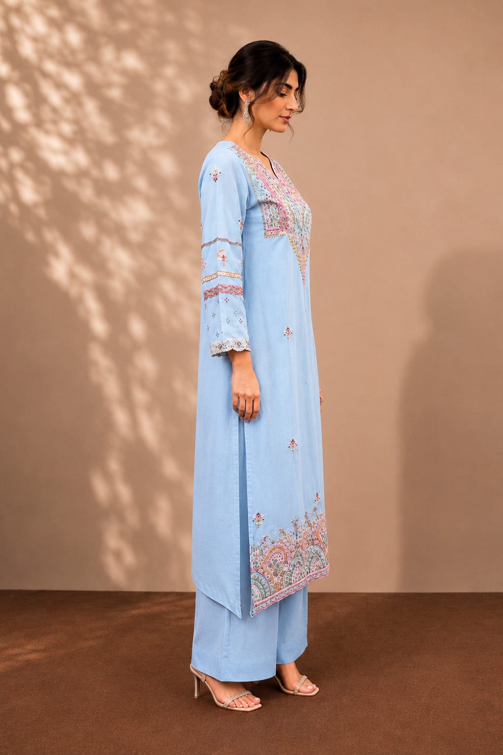 Front view of designer embroidered straight kurti set with dupatta by The Khurti Shop