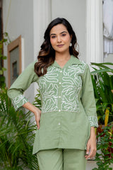 women cotton blend notch collar embroidered tunic top and straight trousers 2 piece co-ord set