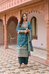 Trending 3-piece cotton kurti set with embroidered yoke, straight pants, and printed dupatta by The Kurti Shop.