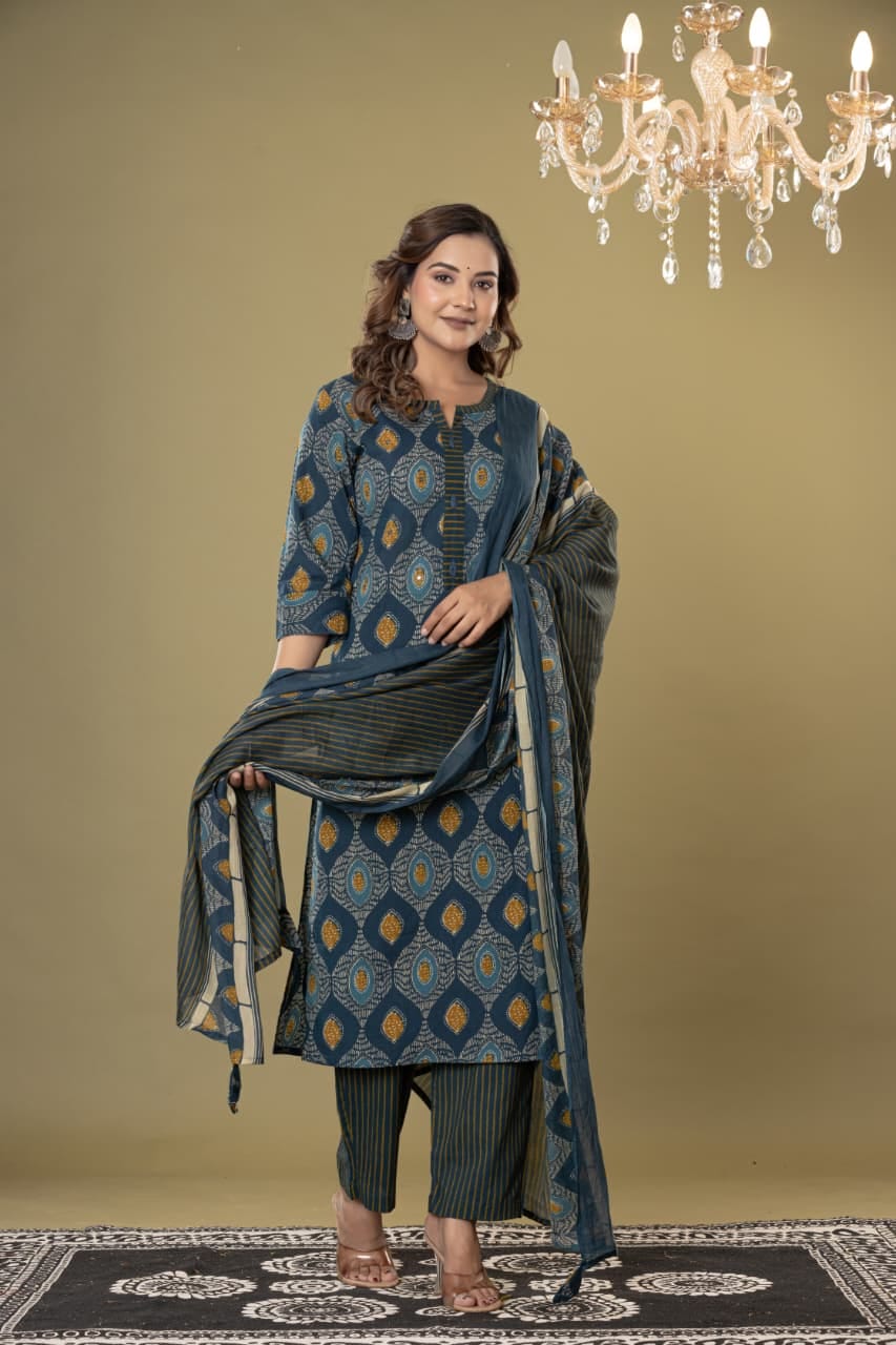 Ethnic geometric motif printed straight kurti with matching striped trousers and full length dupatta set.