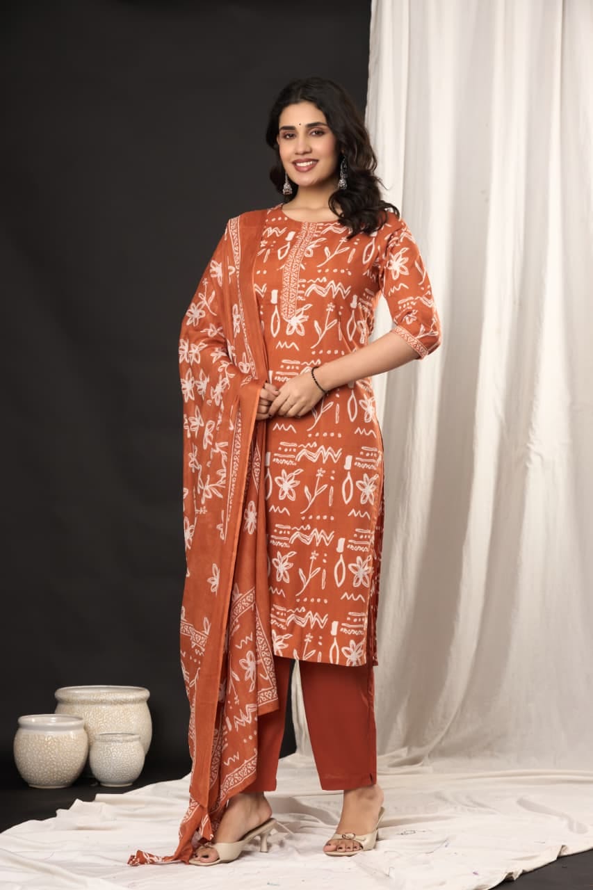 The Kurti Shop, Women Ethnic Wear, 3 Piece Cotton Kurti Set, Printed Kurti with Dupatta, Casual Office Wear Suit, Indian Traditional Wear, Designer Kurti Set.