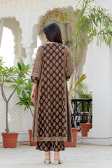 The Khurtis Shop Women Ethnic Printed Straight Kurta with Trousers & Dupatta Set | Beige & Brown Cotton Blend Kurta Set for Women