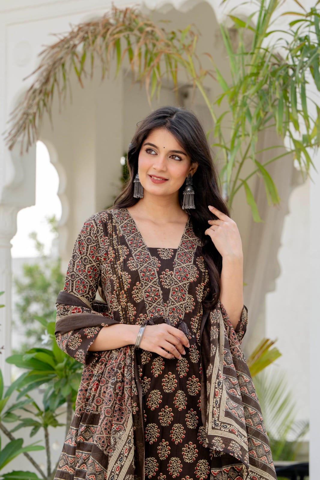 The Khurtis Shop Women Ethnic Printed Straight Kurta with Trousers & Dupatta Set | Beige & Brown Cotton Blend Kurta Set for Women