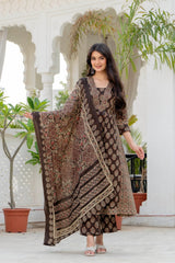 The Khurtis Shop Women Ethnic Printed Straight Kurta with Trousers & Dupatta Set | Beige & Brown Cotton Blend Kurta Set for Women