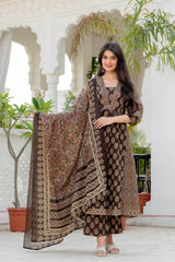 The Khurtis Shop Women Ethnic Printed Straight Kurta with Trousers & Dupatta Set | Beige & Brown Cotton Blend Kurta Set for Women