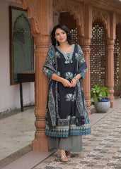 The Khurtis Shop Women Indigo Navy Blue Printed Anarkali Kurta with Trousers & Dupatta Set