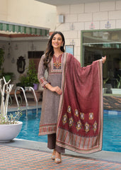 The Khurtis Shop Women Maroon & Grey Geometric Printed Straight Kurta with Trousers & Dupatta Set | Cotton Blend Kurta Set for Women