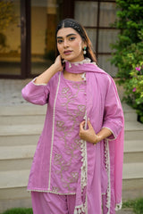 The Khurtis Shop Women Lavish Lavender Embroidered Cotton Kurta with Dupatta Set