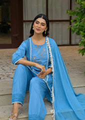The Khurtis Shop Women Embroidered Cotton Straight Kurta with Trousers & Dupatta 3-Piece