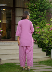 The Khurtis Shop Women Lavish Lavender Embroidered Cotton Kurta with Dupatta Set