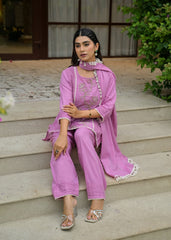 The Khurtis Shop Women Lavish Lavender Embroidered Cotton Kurta with Dupatta Set