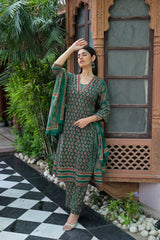 The Kurti Shop Women's Traditional Patterned A-Line Kurta with Pants and Dupatta (3-Piece Set)