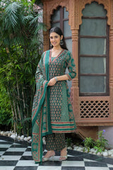 The Kurti Shop Women's Traditional Patterned A-Line Kurta with Pants and Dupatta (3-Piece Set)