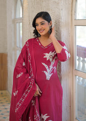 Women's Pure Cotton Floral Printed Straight Kurti with Pant and Dupatta Set | 3-Piece Ethnic Suit