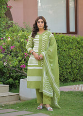 The Kurtis Shop Women's Olive Green Pure Cotton Zig-Zag Print 3-Piece Kurti Set with Pant & Dupatta | V-Neck Lace Detail Ethnic Suit