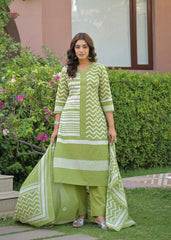 The Kurtis Shop Women's Olive Green Pure Cotton Zig-Zag Print 3-Piece Kurti Set with Pant & Dupatta | V-Neck Lace Detail Ethnic Suit