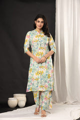 The Kurtis Shop Women's Pure Cotton Floral Print Front-Button Kurti with Matching Pant