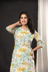The Kurtis Shop Women's Pure Cotton Floral Print Front-Button Kurti with Matching Pant