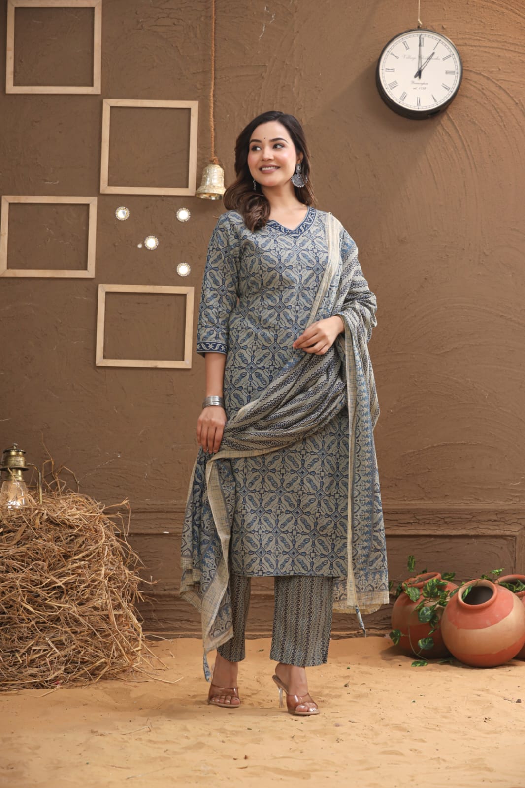 traditional printed cotton straight kurti set with matching dupatta online