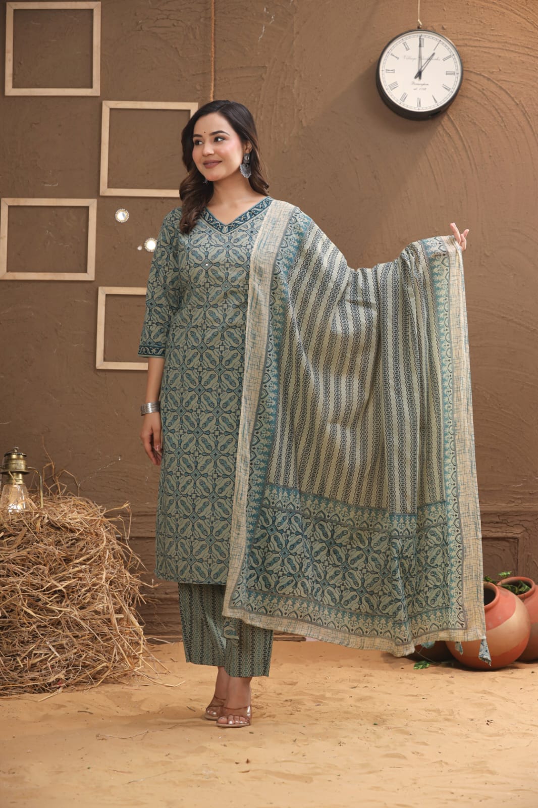 the khurti shop printed cotton 3 piece kurti suit set for women