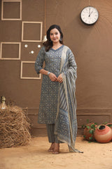 printed straight trousers with matching long straight ethnic kurti