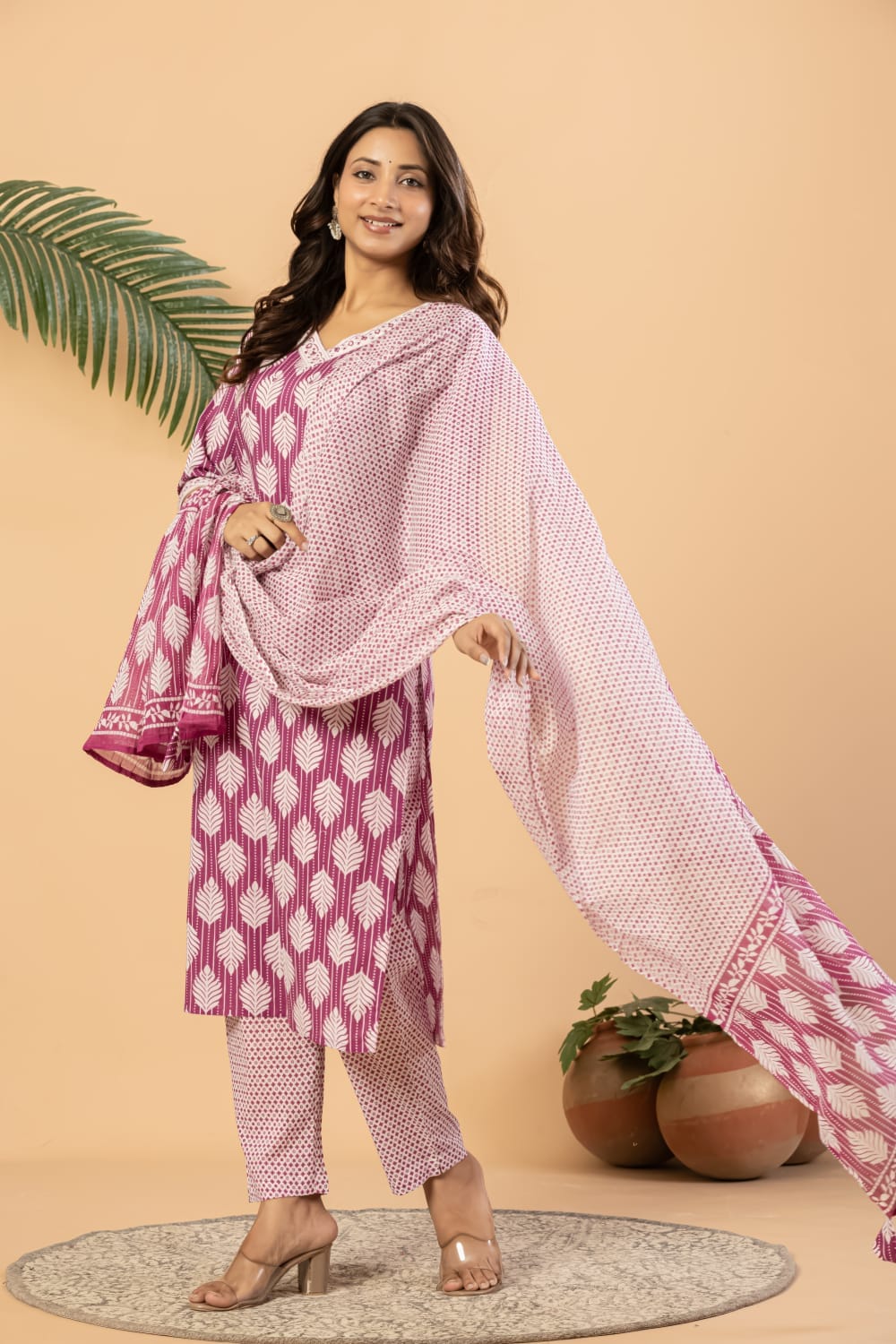 Women leaf printed pure cotton straight kurta set with v neck lace border and matching pants by The Kurti Shop