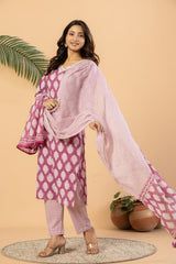 Women leaf printed pure cotton straight kurta set with v neck lace border and matching pants by The Kurti Shop