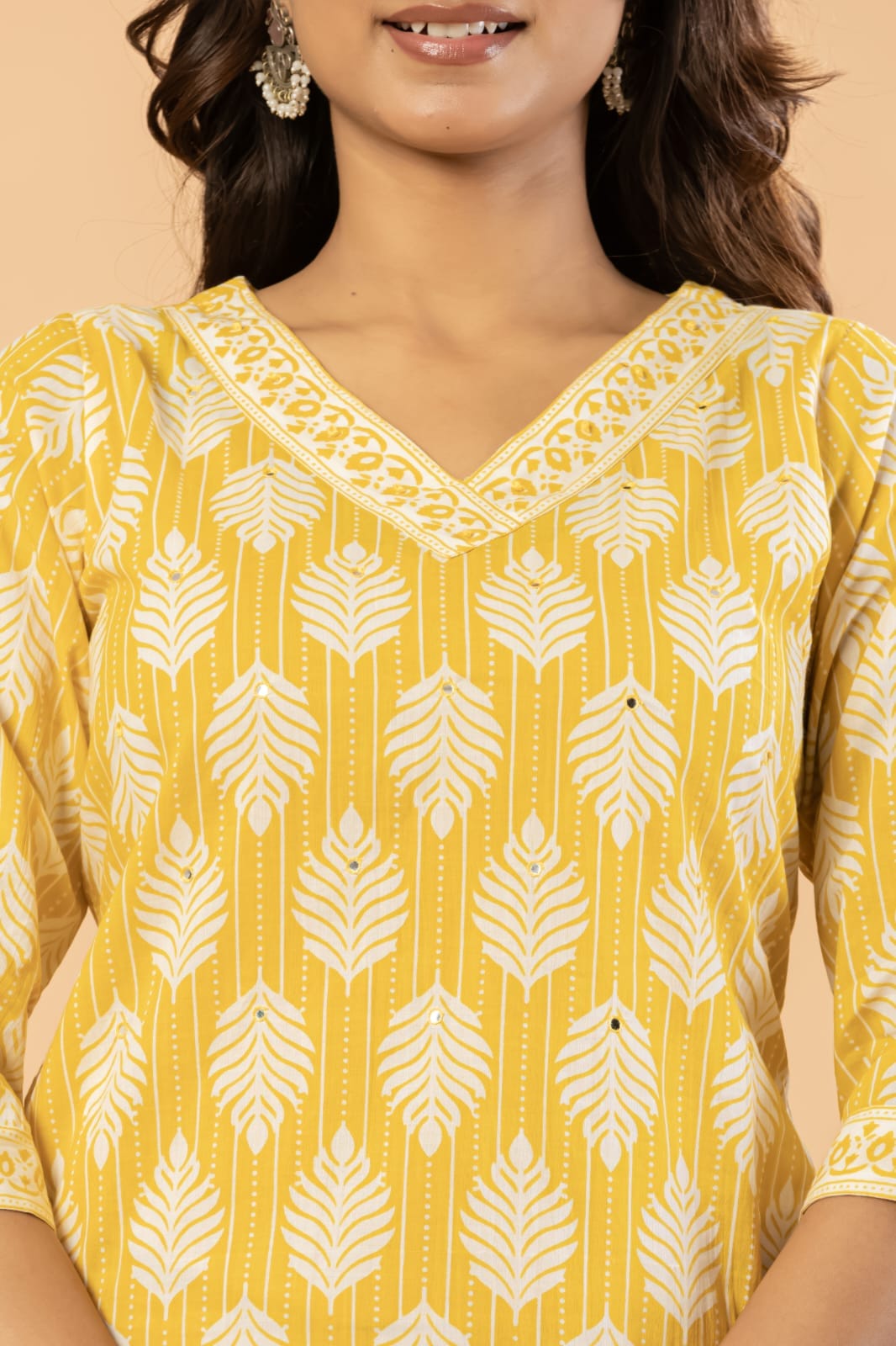 Matching printed cotton trousers pants with straight kurta set for ladies