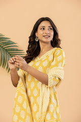 lock style leaf print pure cotton straight fit kurti with lace border