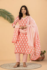 Comfortable daily wear and office wear printed cotton straight kurti set with dupatta