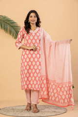 Trendy pure cotton leaf printed 3 piece kurta pant dupatta set by The Kurti Shop