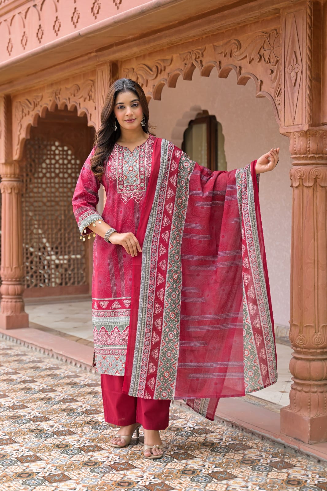 Trendy ethnic printed pure cotton 3 piece suit set with dupatta by The Kurti Shop