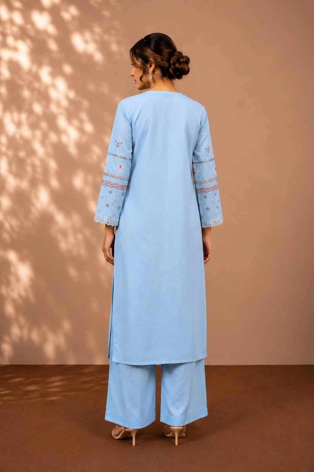 Handicraft embroidered neckline straight kurta with matching trousers and dupatta set for women