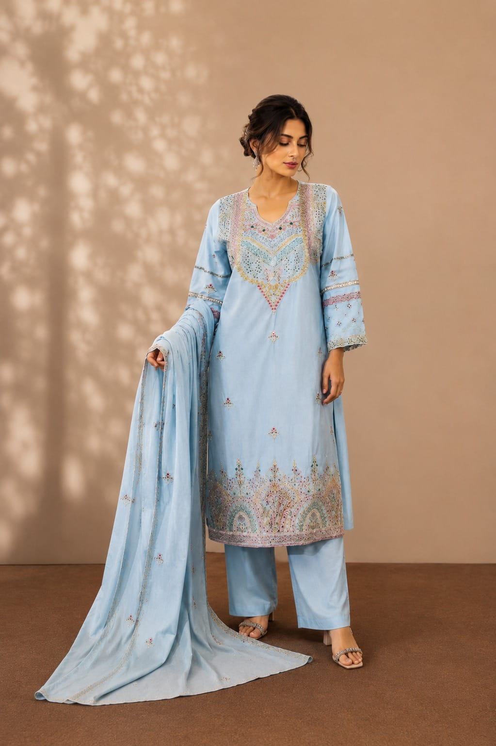 Handicraft embroidered neckline straight kurta with matching trousers and dupatta set for women